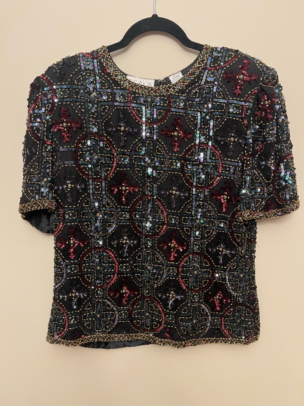 Vintage Scala Beaded Silk Short Sleeve Blouse Women's Size Large Hollywood Glam